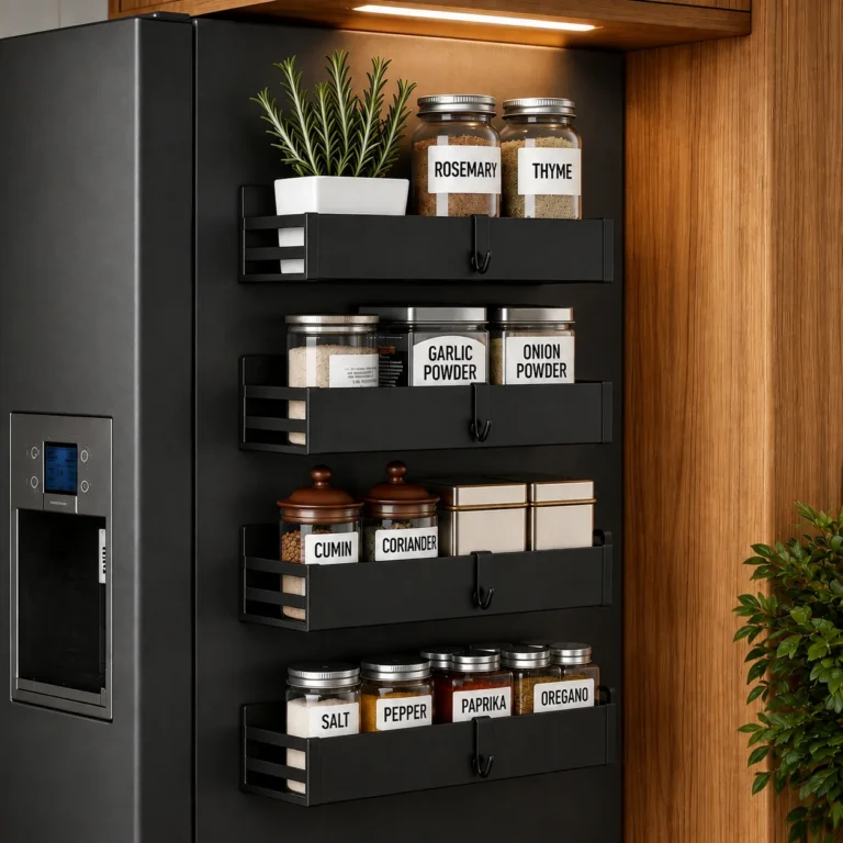4 Pack Magnetic Spice Rack for Refrigerator, 2 Large & 2 Small Metal Fridge Side Organizer Shelves with Hooks, No Drilling Kitchen Storage Rack