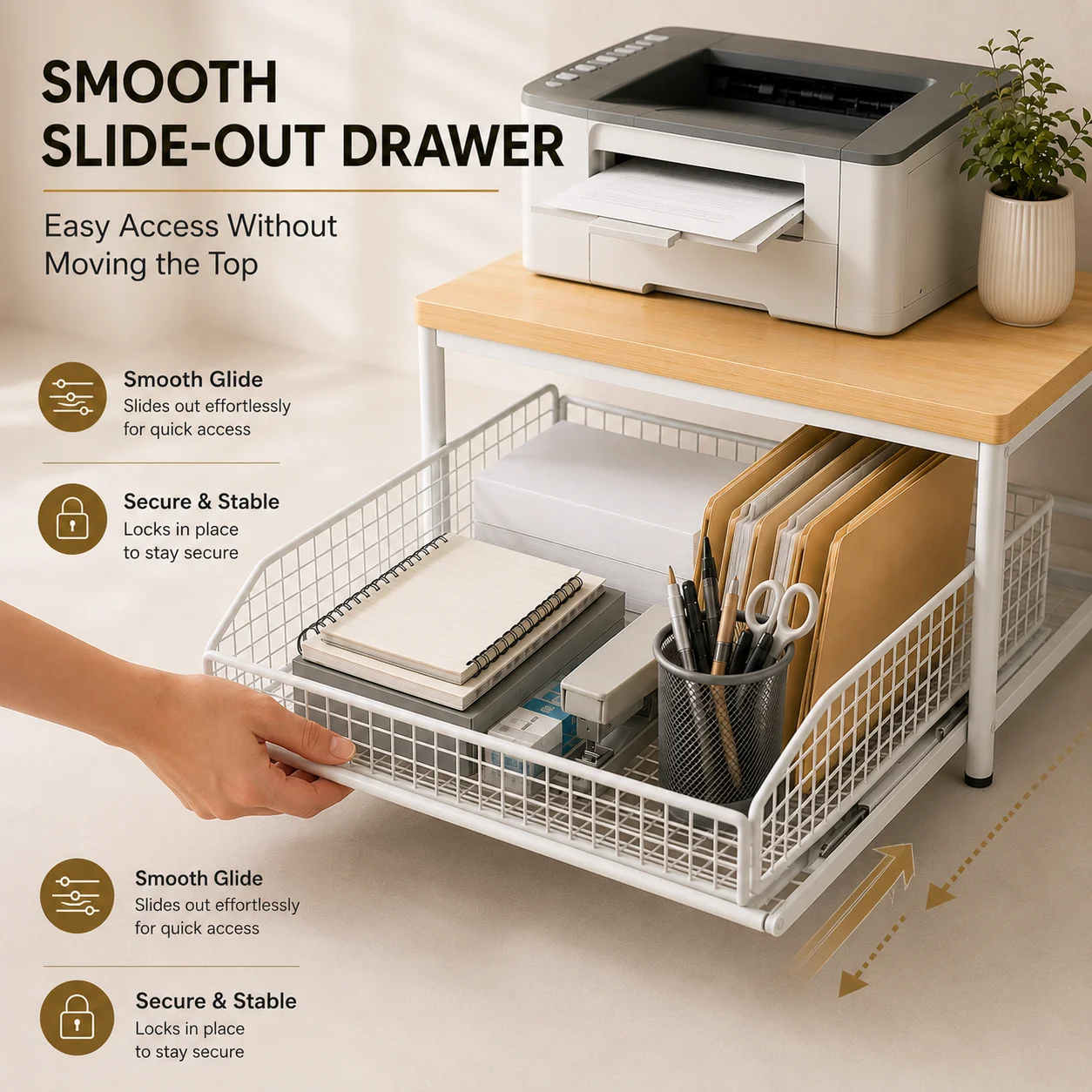 Pull Out Kitchen Counter Organizer with Sliding Wire Basket, Rustic Wood Countertop Storage Shelf for Coffee Station, Spice Rack, Pantry & Bathroom Organization