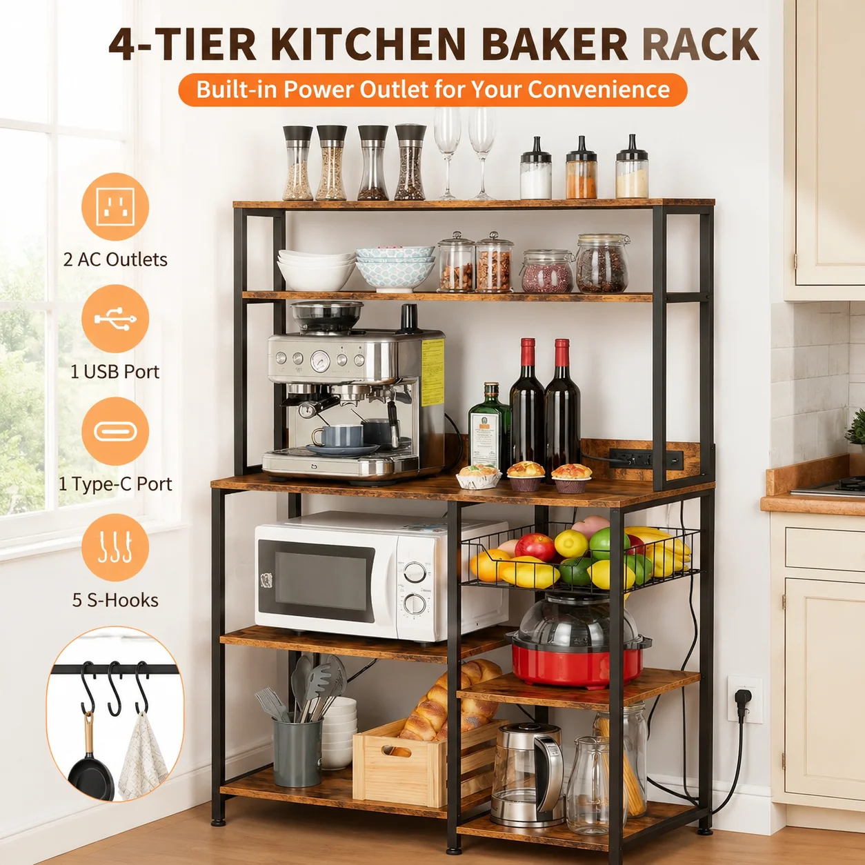 35 Inch Kitchen Baker Rack with Power Outlet, 4 Tier Microwave Stand Storage Shelf with 2 AC Outlets USB & Type-C Ports, Coffee Bar Station with 5 S Hooks, Industrial Metal Kitchen Organizer for Spices Pots Mugs Small Appliances, Rustic Brown