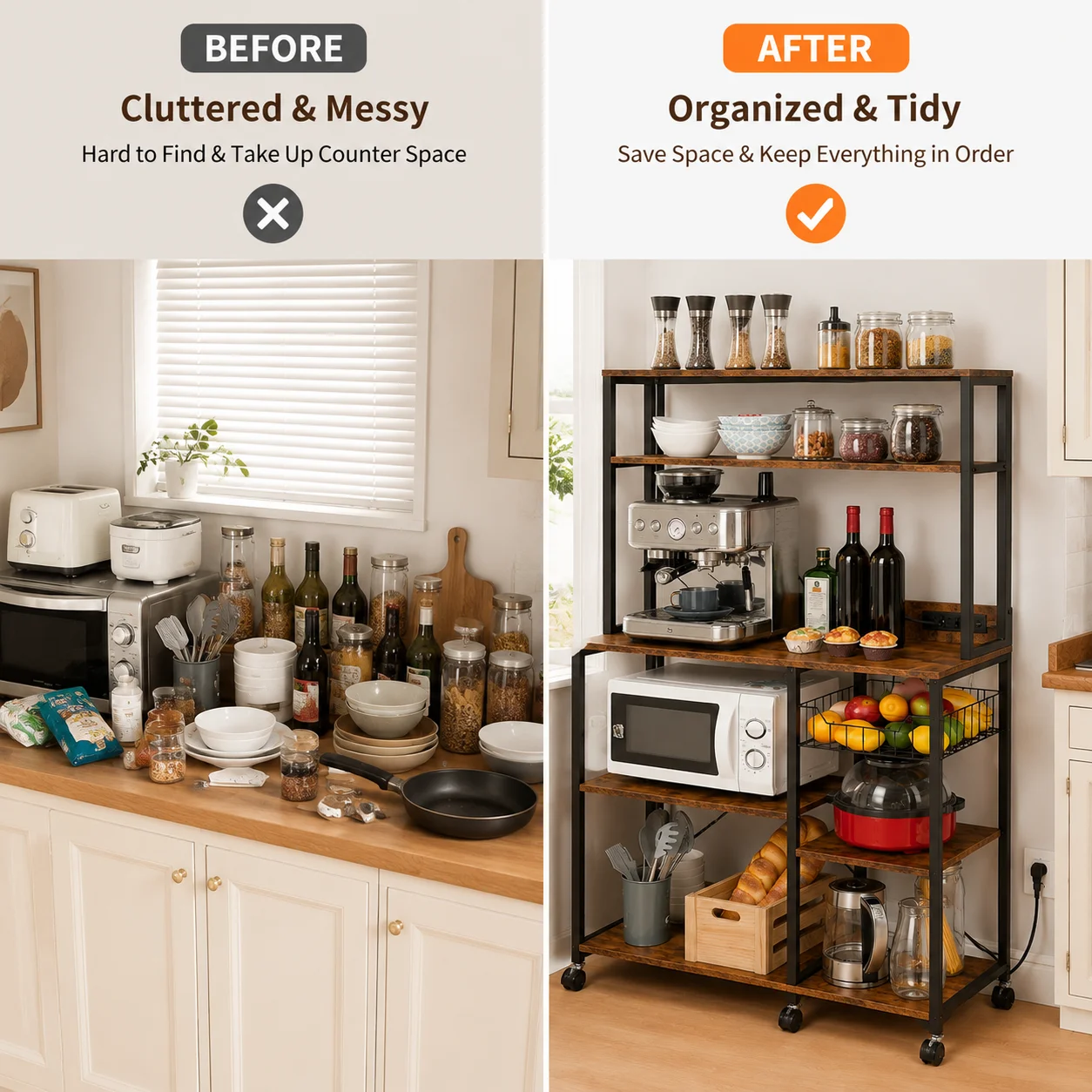 35 Inch Kitchen Baker Rack with Power Outlet, 4 Tier Microwave Stand Storage Shelf with 2 AC Outlets USB & Type-C Ports, Coffee Bar Station with 5 S Hooks, Industrial Metal Kitchen Organizer for Spices Pots Mugs Small Appliances, Rustic Brown
