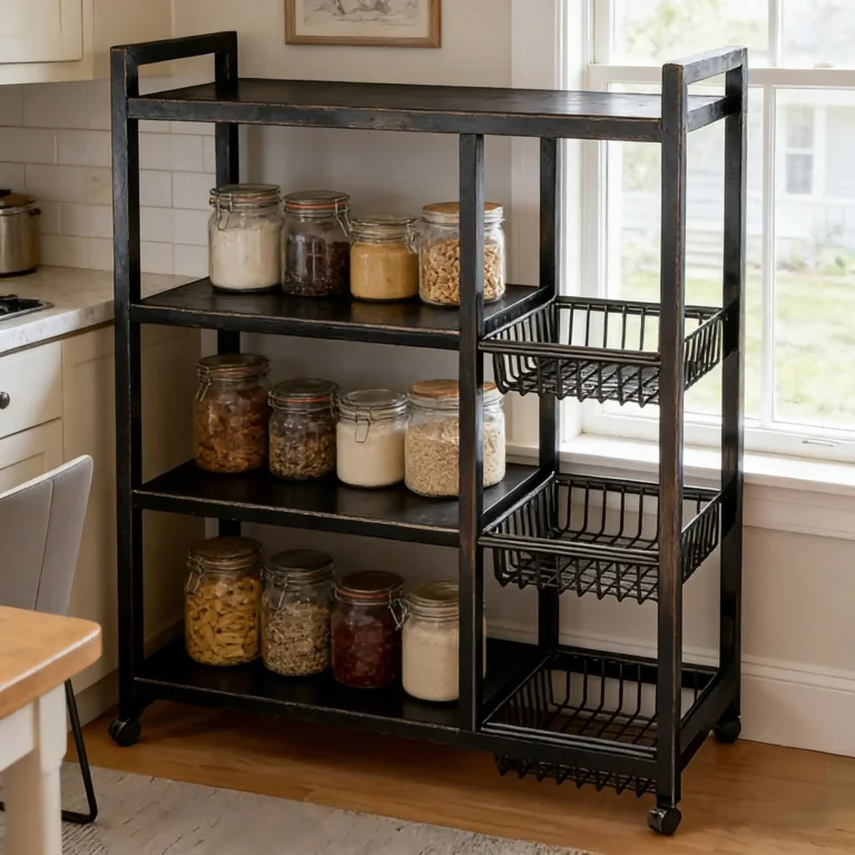 4-Tier Adjustable Storage Rack with 3 Baskets, Heavy Duty Metal Shelving Unit with Wheels, Vertical Organizer Shelf for Kitchen, Bathroom, Garage, Black