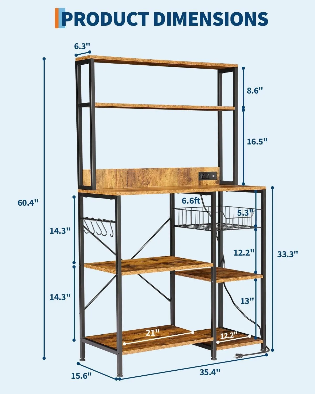 35 Inch Kitchen Baker Rack with Power Outlet, 4 Tier Microwave Stand Storage Shelf with 2 AC Outlets USB & Type-C Ports, Coffee Bar Station with 5 S Hooks, Industrial Metal Kitchen Organizer for Spices Pots Mugs Small Appliances, Rustic Brown