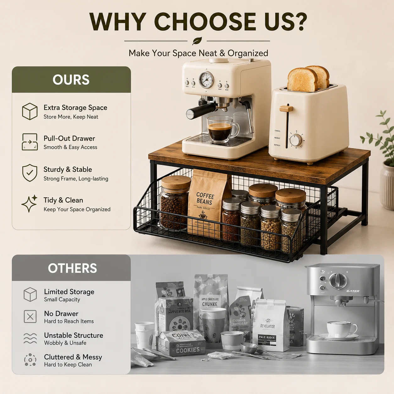 Pull Out Kitchen Counter Organizer with Sliding Wire Basket, Rustic Wood Countertop Storage Shelf for Coffee Station, Spice Rack, Pantry & Bathroom Organization