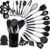 QMVESS Silicone Cooking Utensils Set, 28 Pcs Non-Stick Kitchen Utensils Set with Holder, 446°F Heat Resistant Spatula, Tongs, Spoons Set with Stainless Steel Handle Kitchen Gadgets (Black)